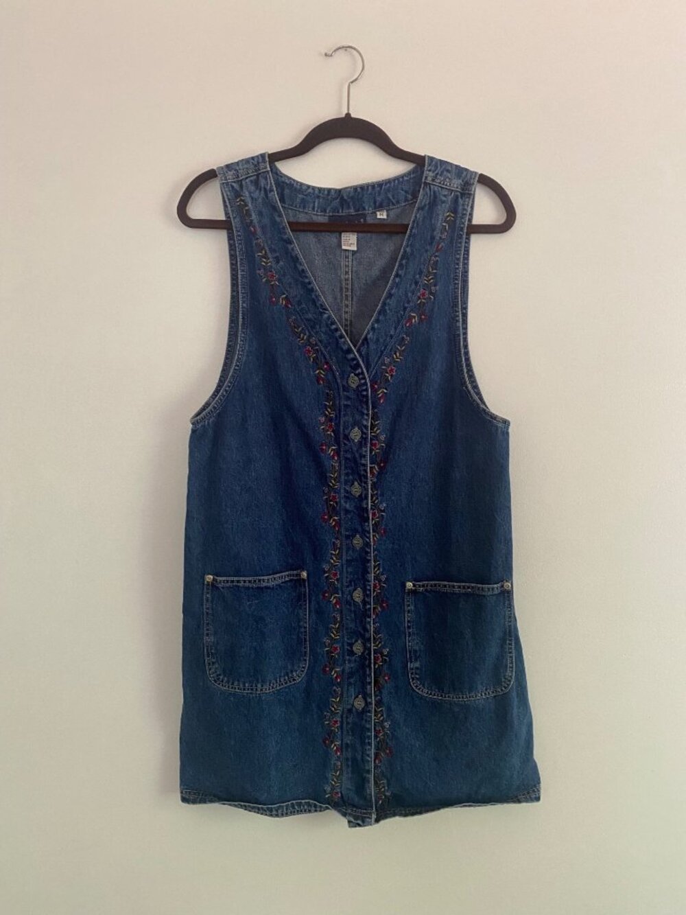 Vintage Eric Charles Denim Vest Dress With Floral Embroidery 100% Cotton Size M - Picture 2 of 6
